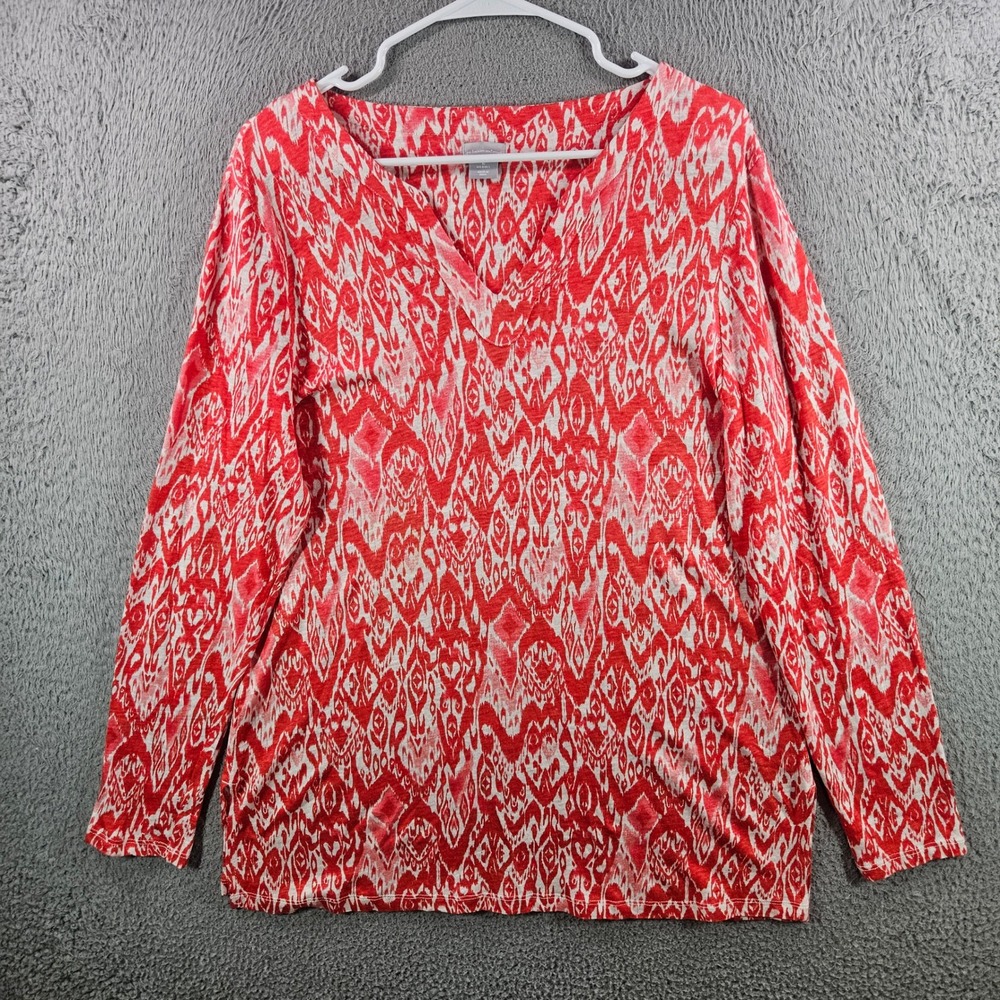 Chicos Red White Ikat Linen V-Neck Long Sleeve Top Size 2 Large L 100%‎ Linen